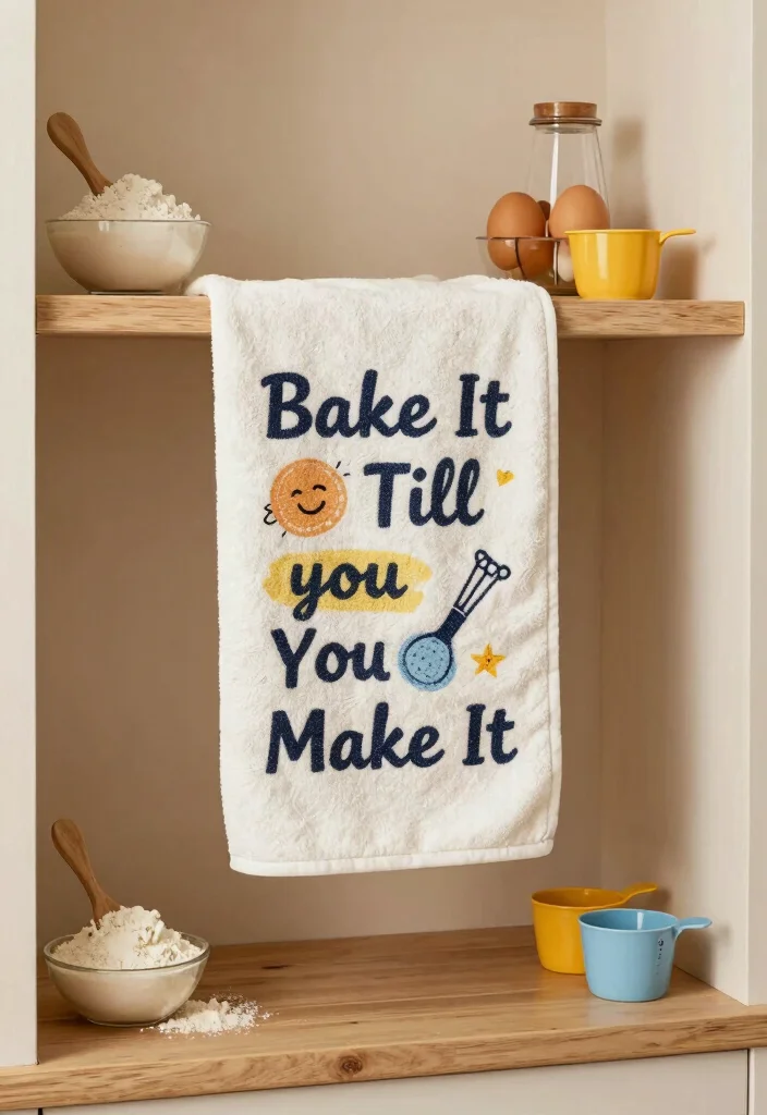 15 Funny Kitchen Towels Ideas That Add Humor - 11. 'Bake It Till You Make It' 1