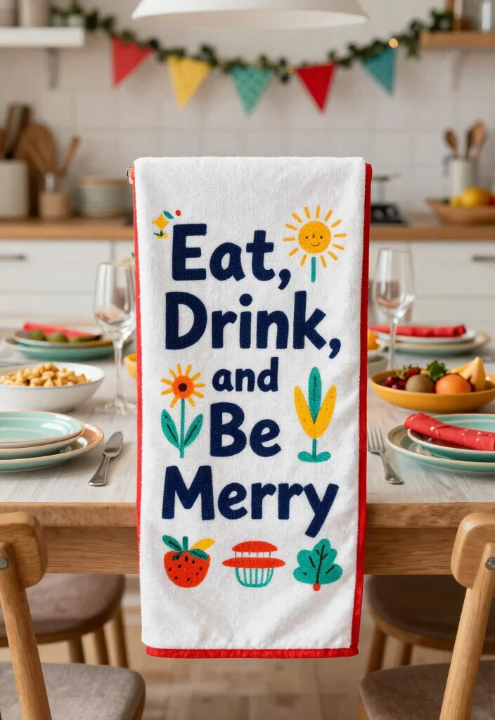 15 Funny Kitchen Towels Ideas That Add Humor - 13. 'Eat, Drink, and Be Merry' 1