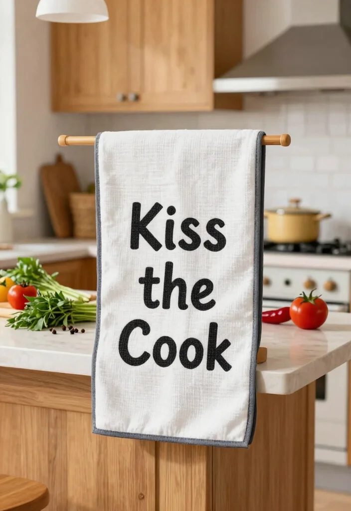 15 Funny Kitchen Towels Ideas That Add Humor - 5. 'Kiss the Cook' 1