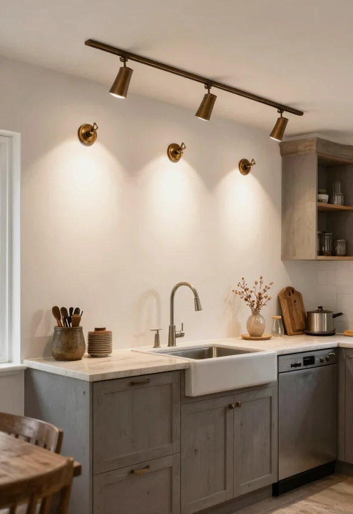 15 Kitchen Sconces Over Sink Ideas With Soft Glow - 14. Rustic Track Lighting with Sconces 1