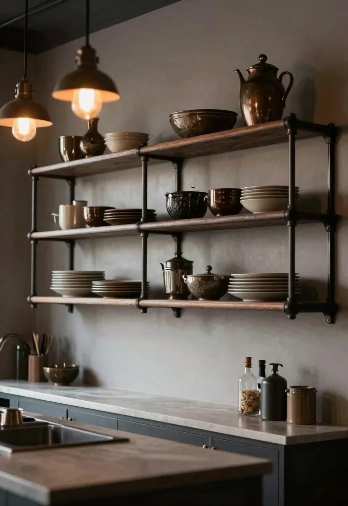 15 Kitchen Wall Rack Ideas With Smart Vertical Storage - 13. Industrial-Style Pipe Shelves 1