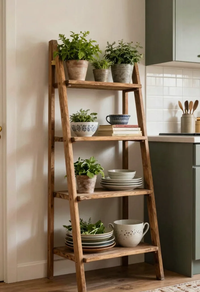 15 Kitchen Wall Rack Ideas With Smart Vertical Storage - 4. Vintage Ladder Shelf 1