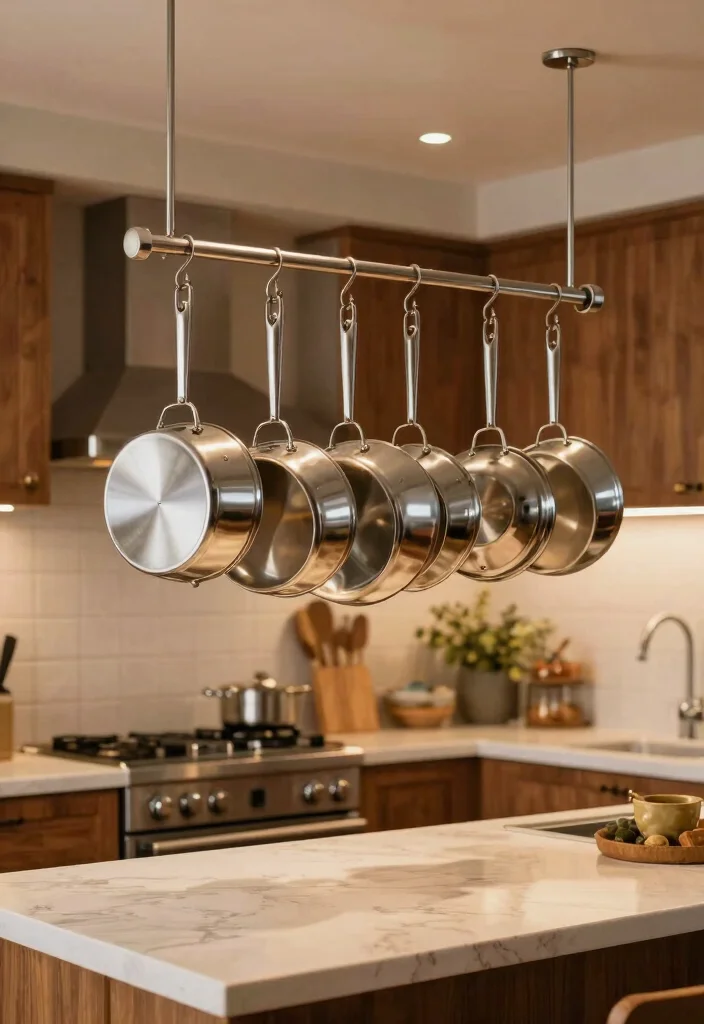 15 Kitchen Wall Rack Ideas With Smart Vertical Storage - 7. Hanging Pot Rack 1