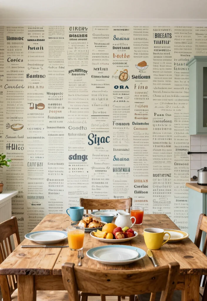 15 Kitchen Wallpaper Design Ideas That Transform Your Walls - 11. Charming Old-Fashioned Typography 1