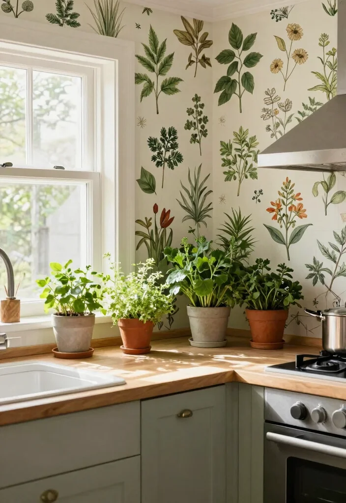 15 Kitchen Wallpaper Design Ideas That Transform Your Walls - 4. Vintage Botanical Prints 1