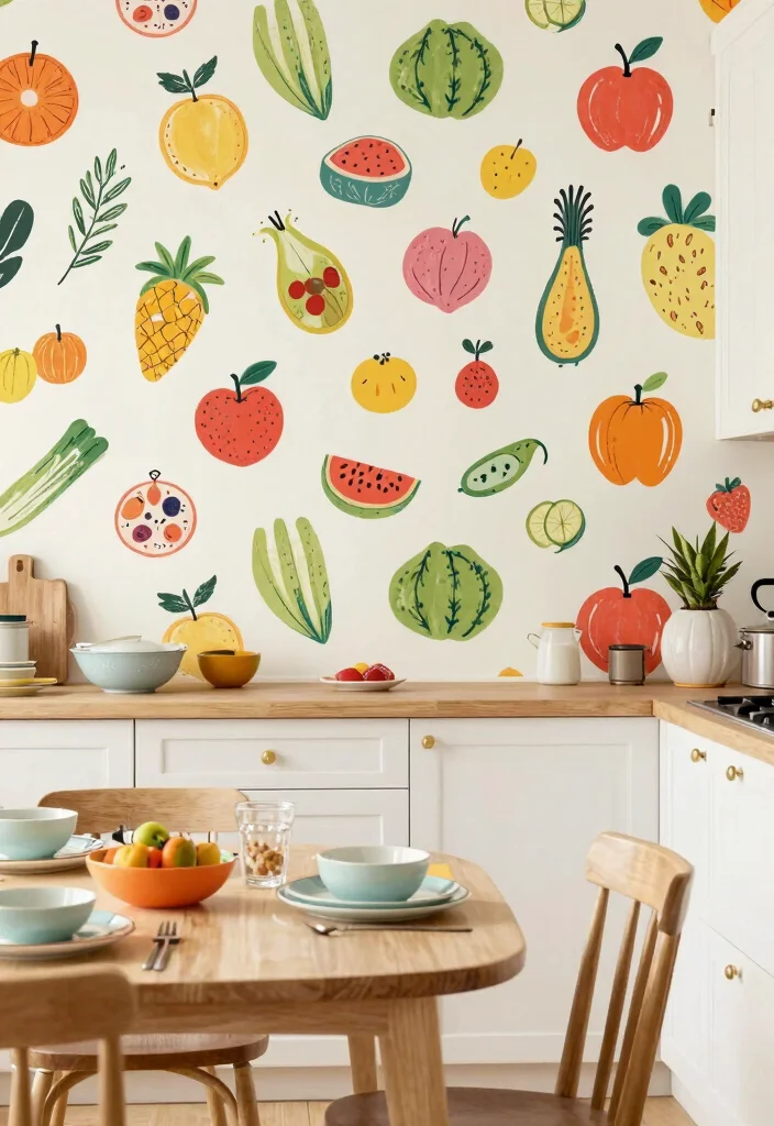 15 Kitchen Wallpaper Design Ideas That Transform Your Walls - 6. Whimsical Food Illustrations 1