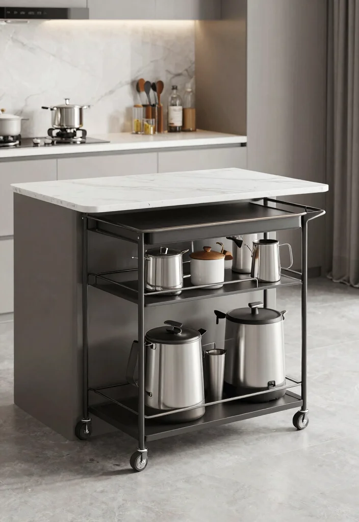15 Rolling Kitchen Cart Ideas With Versatile Storage - 9. Sleek Mobile Island 1