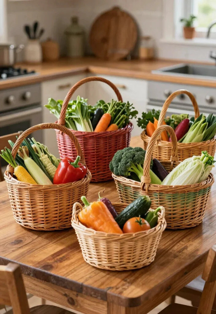 15 Vegetable Baskets for Kitchen Ideas That Look Cute & Practical - 11. Colorful Wicker Baskets 1