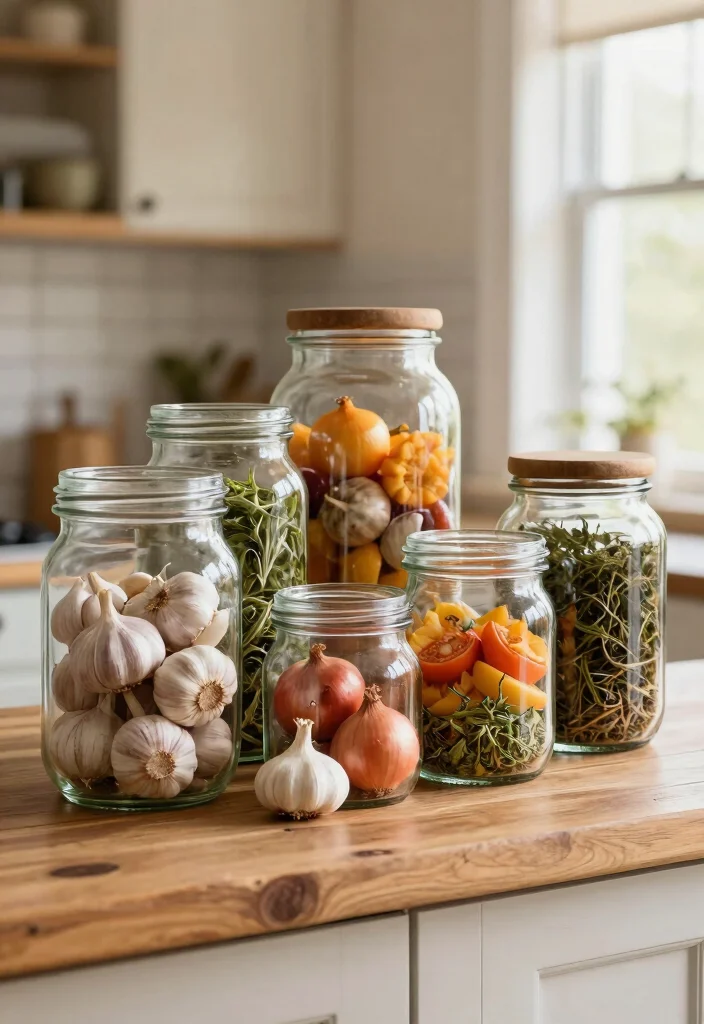 15 Vegetable Baskets for Kitchen Ideas That Look Cute & Practical - 9. Decorative Glass Jars 1