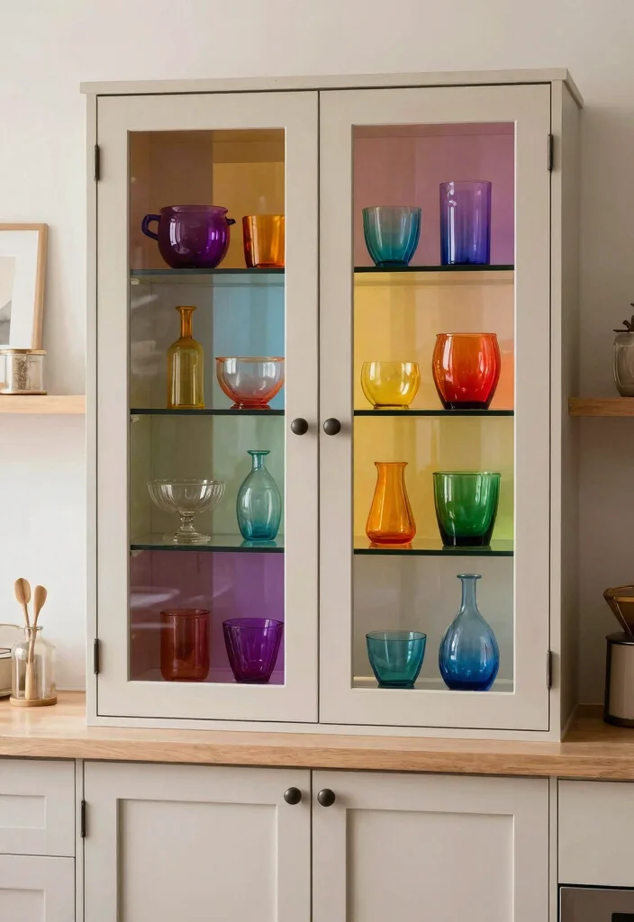 16 Kitchen Cabinets Glass Doors Ideas With Elegant Display - 14. Colorful Glass Decor Displays 1