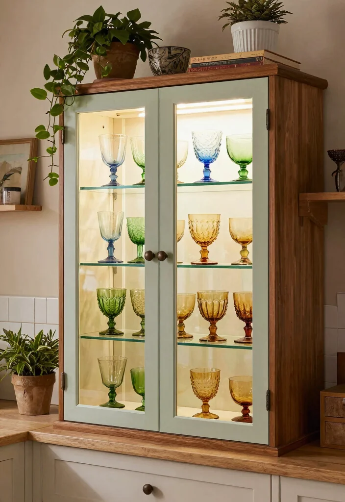 16 Kitchen Cabinets Glass Doors Ideas With Elegant Display - 4. Vintage Colored Glass Accents 1