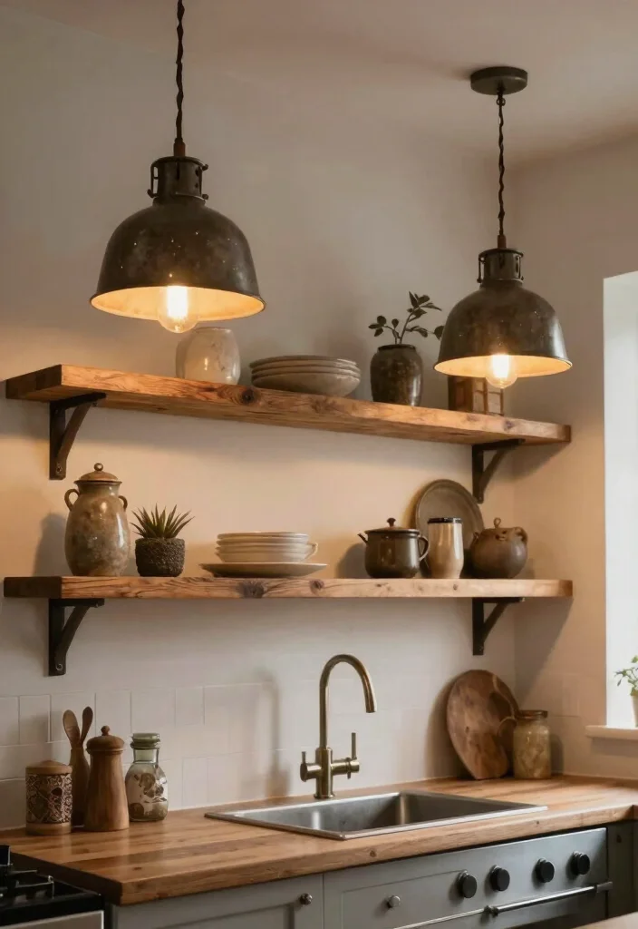 16 Kitchen Island Shelves Ideas With Open Display - 10. Rustic Lighting Accents 1