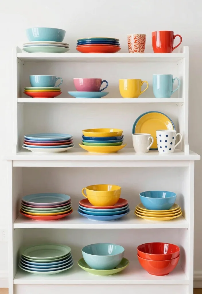 16 Kitchen Island Shelves Ideas With Open Display - 11. Colorful Dishware Display 1