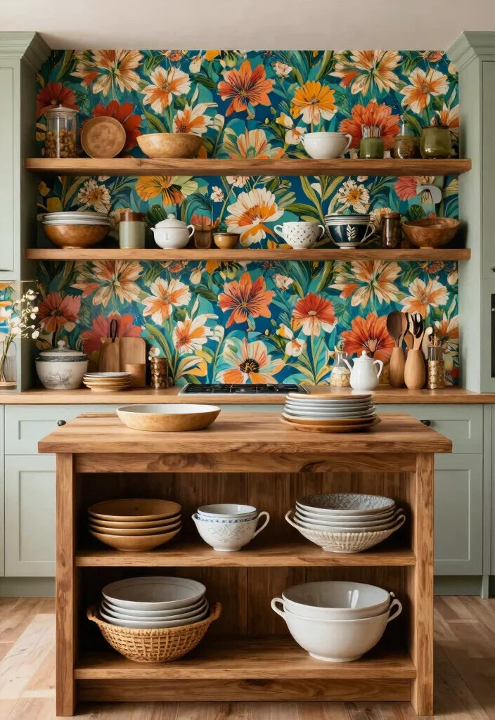 16 Kitchen Island Shelves Ideas With Open Display - 13. Bold Wallpaper Backdrop 1