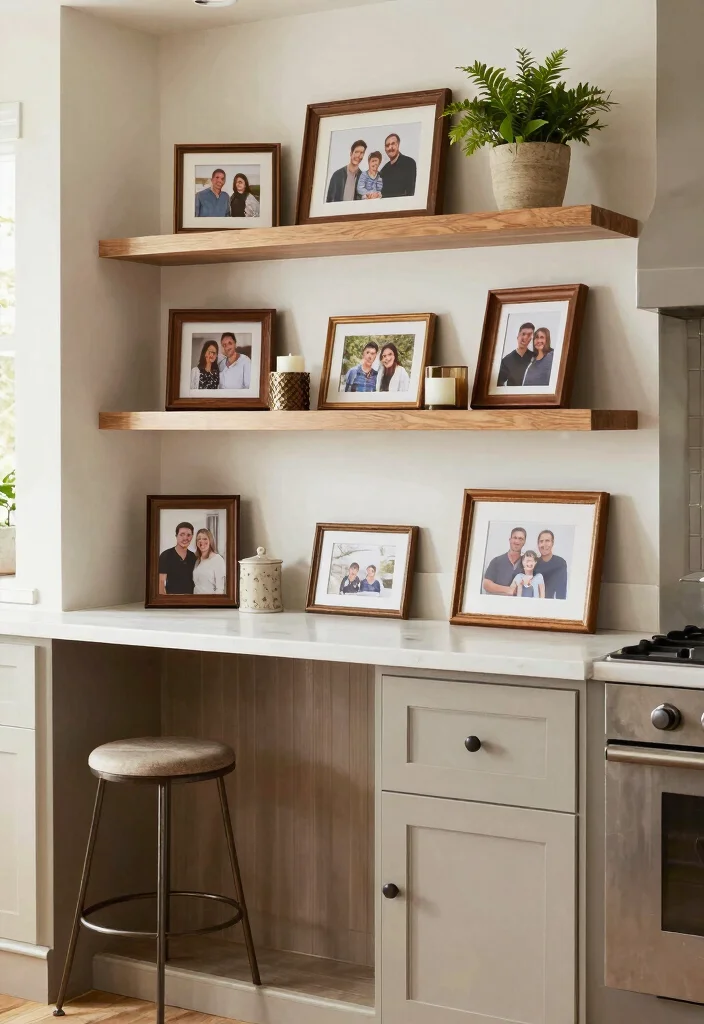 16 Kitchen Island Shelves Ideas With Open Display - 15. Family Photo Displays 1