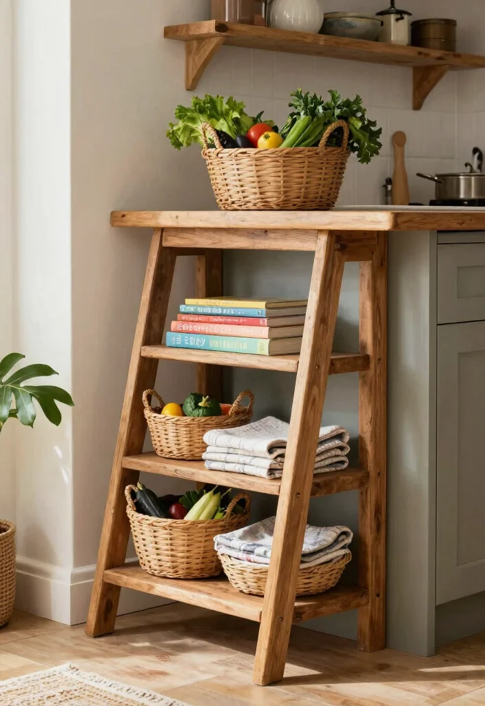 16 Kitchen Island Shelves Ideas With Open Display - 3. Rustic Ladder Shelving 1