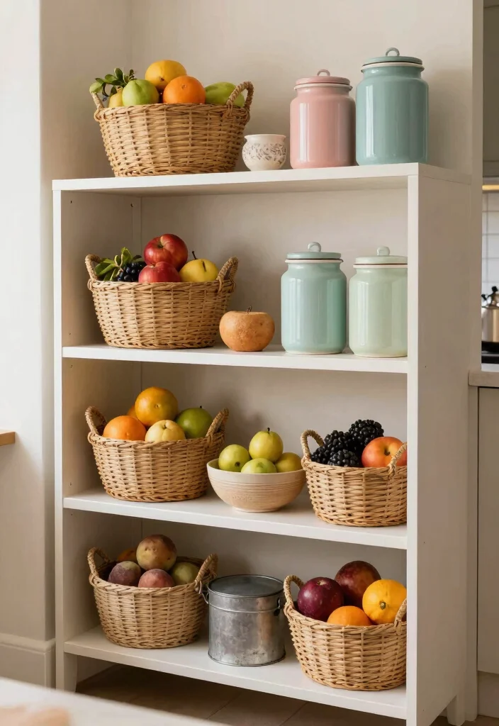 16 Kitchen Island Shelves Ideas With Open Display - 4. Decorative Baskets and Containers 1