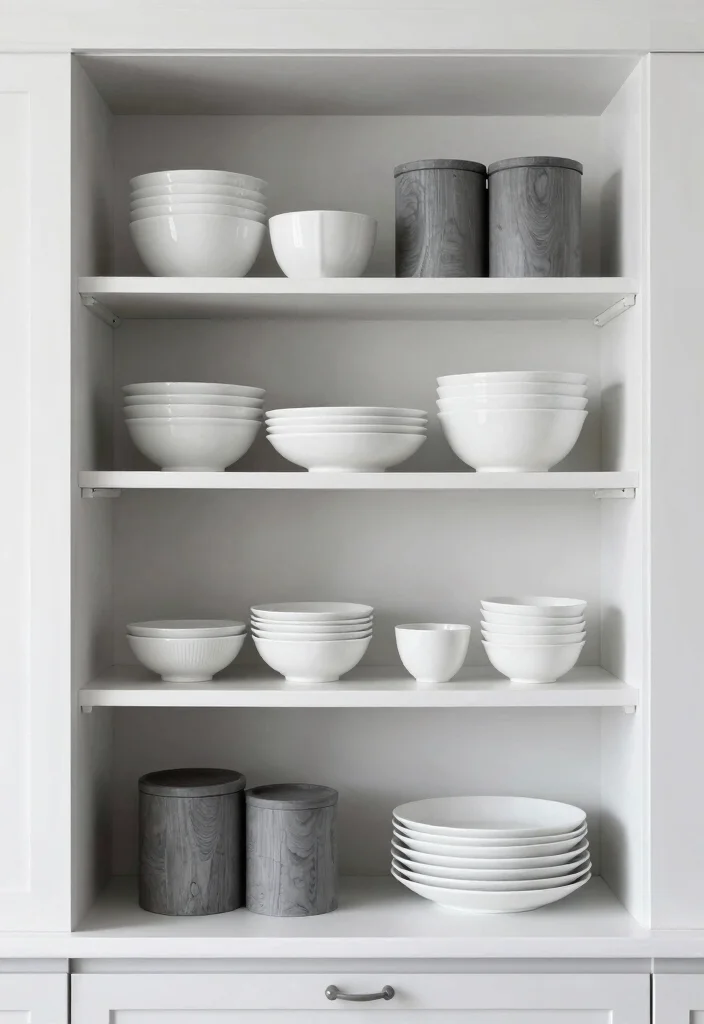 16 Kitchen Island Shelves Ideas With Open Display - 7. Monochromatic Palette 1
