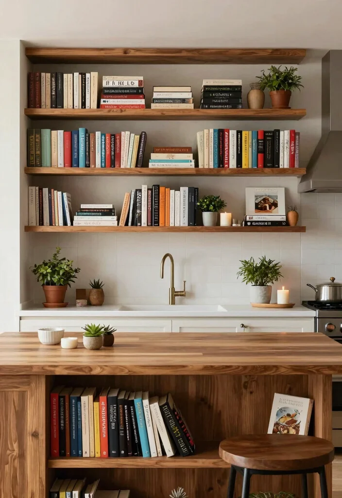 16 Kitchen Island Shelves Ideas With Open Display - 9. Displayed Cookbooks 1
