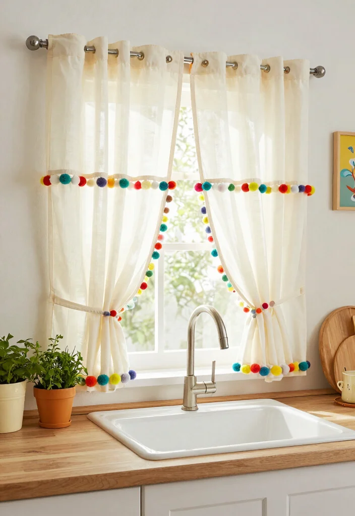 16 Kitchen Window Curtains Over Sink Ideas With Charming Detail - 10. Playful Pom-Pom Trimmings 1