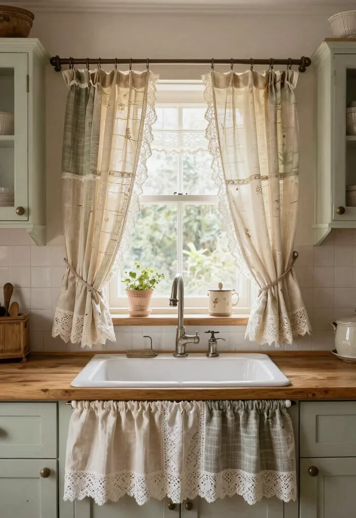 16 Kitchen Window Curtains Over Sink Ideas With Charming Detail - 16. Repurposed Vintage Finds 1