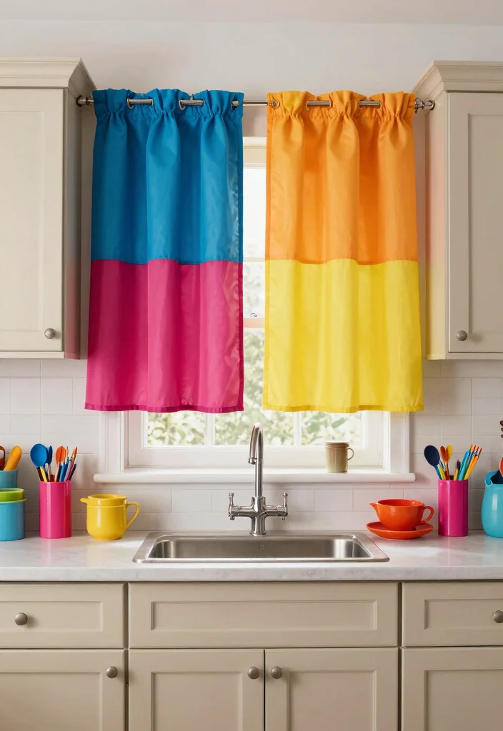 16 Kitchen Window Curtains Over Sink Ideas With Charming Detail - 5. Bold Color Blocks 1