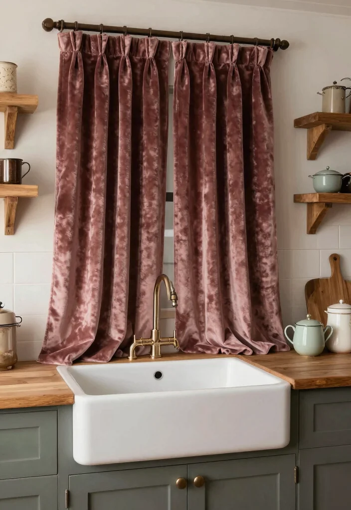 16 Kitchen Window Curtains Over Sink Ideas With Charming Detail - 9. Soft Velvets for Elegance 1
