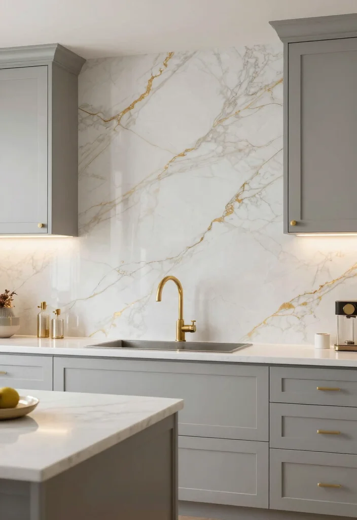 16 Marble Kitchen Backsplash Ideas With Luxe Finish - 12. White and Gold: A Luxurious Combination 1