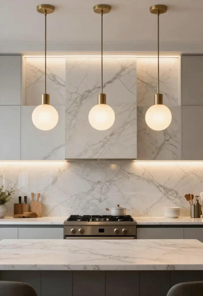 16 Marble Kitchen Backsplash Ideas With Luxe Finish - 13. Statement Lighting to Enhance Marble Backsplash 1