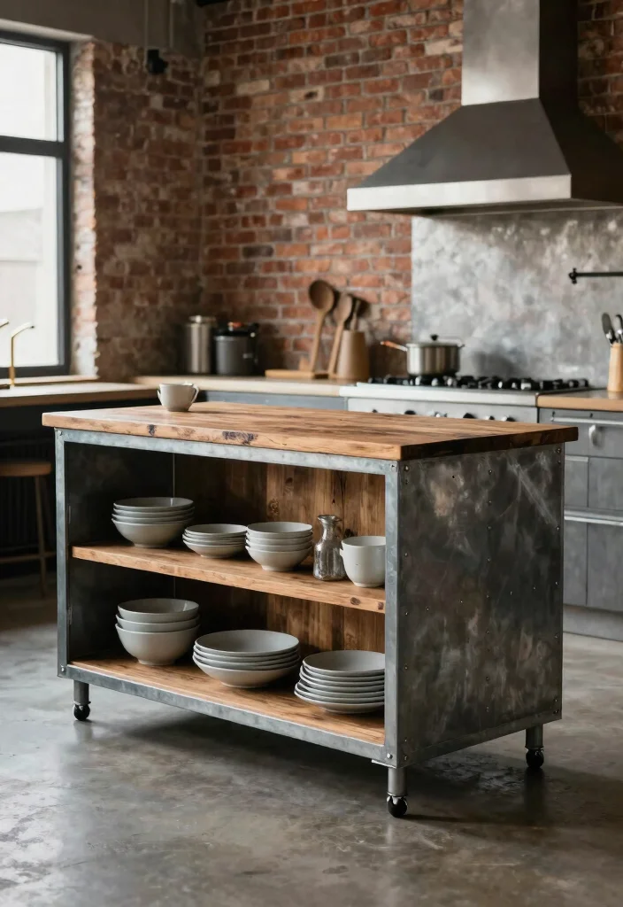 16 Mobile Kitchen Island Ideas With Flexible Function - 11. Industrial Style Island 1
