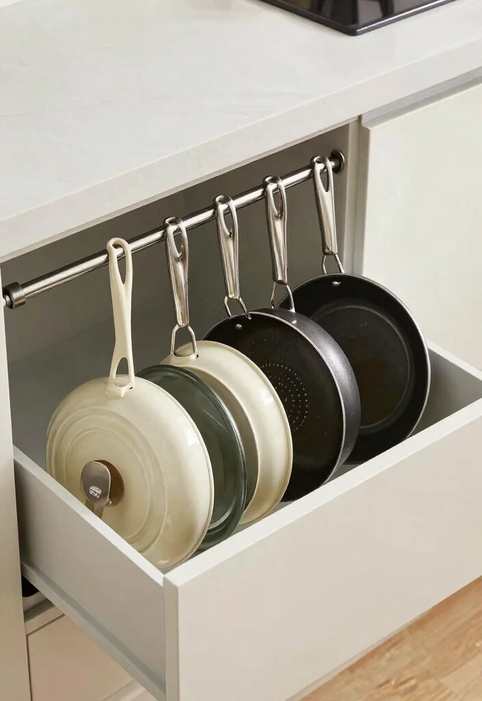 16 Organize Kitchen Drawers Ideas That Simplify Cooking - 13. Use Tension Rods for Pan Organization 1