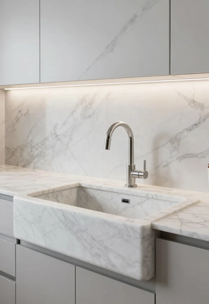 16 White Marble Kitchen Countertops Ideas With Elegant Beauty - 12. Matching Marble Sink and Countertops 1