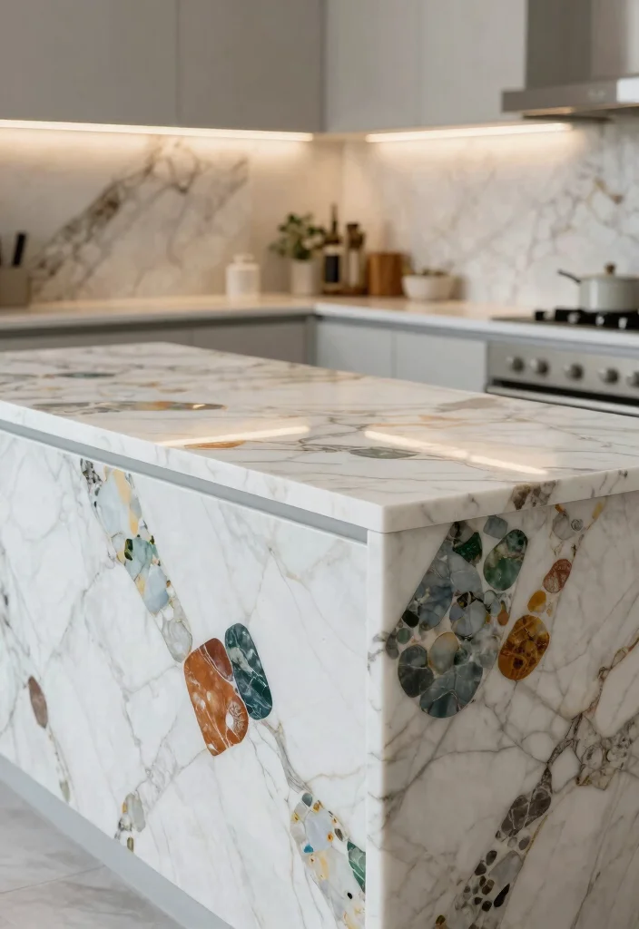 16 White Marble Kitchen Countertops Ideas With Elegant Beauty - 16. Artistic Inlays with White Marble 1