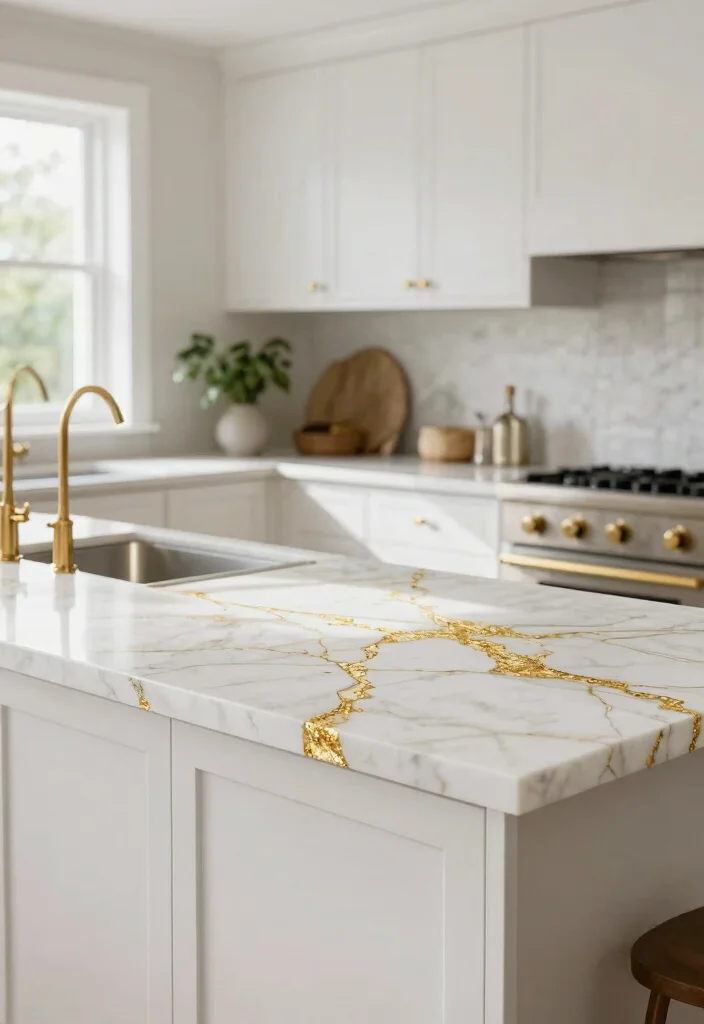 16 White Marble Kitchen Countertops Ideas With Elegant Beauty - 3. White Marble with Gold Flecks 1