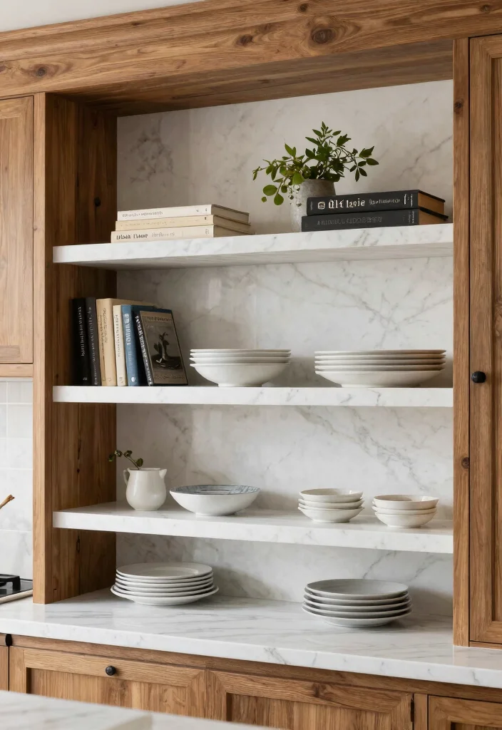 16 White Marble Kitchen Countertops Ideas With Elegant Beauty - 4. Open Shelving with White Marble Accents 1