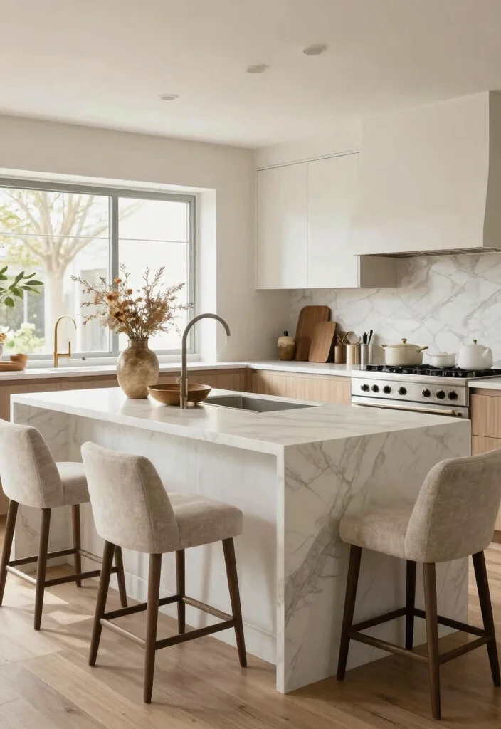 16 White Marble Kitchen Countertops Ideas With Elegant Beauty - 5. White Marble Island with Seating 1