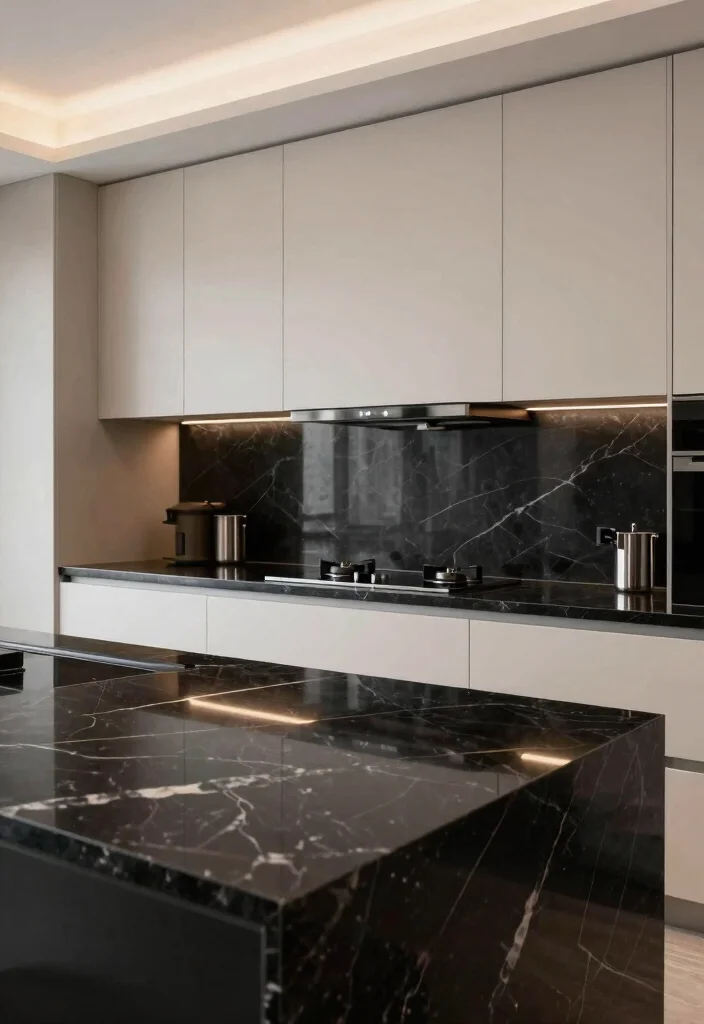 17 Black Marble Kitchen Countertops Ideas With Bold Elegance - 10. Glossy Black Marble for Extra Shine 1