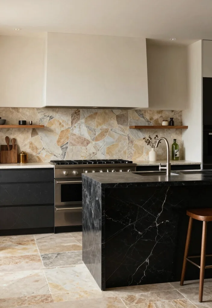 17 Black Marble Kitchen Countertops Ideas With Bold Elegance - 14. Black Marble with Natural Stone Accents 1