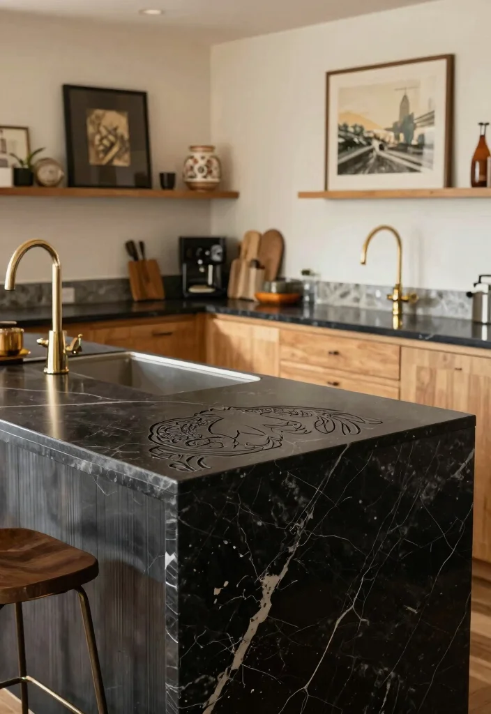 17 Black Marble Kitchen Countertops Ideas With Bold Elegance - 17. Personalized Black Marble Designs 1