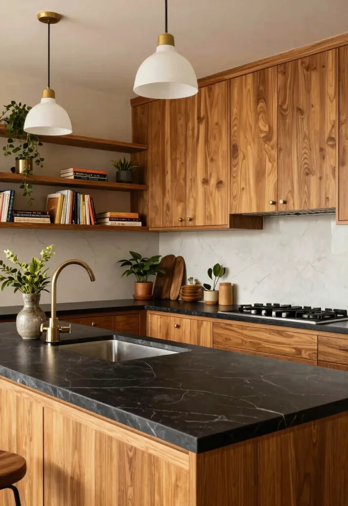 17 Black Marble Kitchen Countertops Ideas With Bold Elegance - 4. Warm Wood and Black Marble Fusion 1