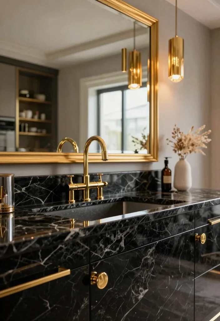 17 Black Marble Kitchen Countertops Ideas With Bold Elegance - 5. Textured Black Marble with Gold Accents 1