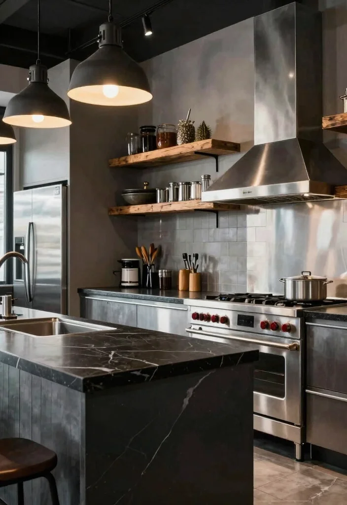17 Black Marble Kitchen Countertops Ideas With Bold Elegance - 8. Industrial Chic with Black Marble 1
