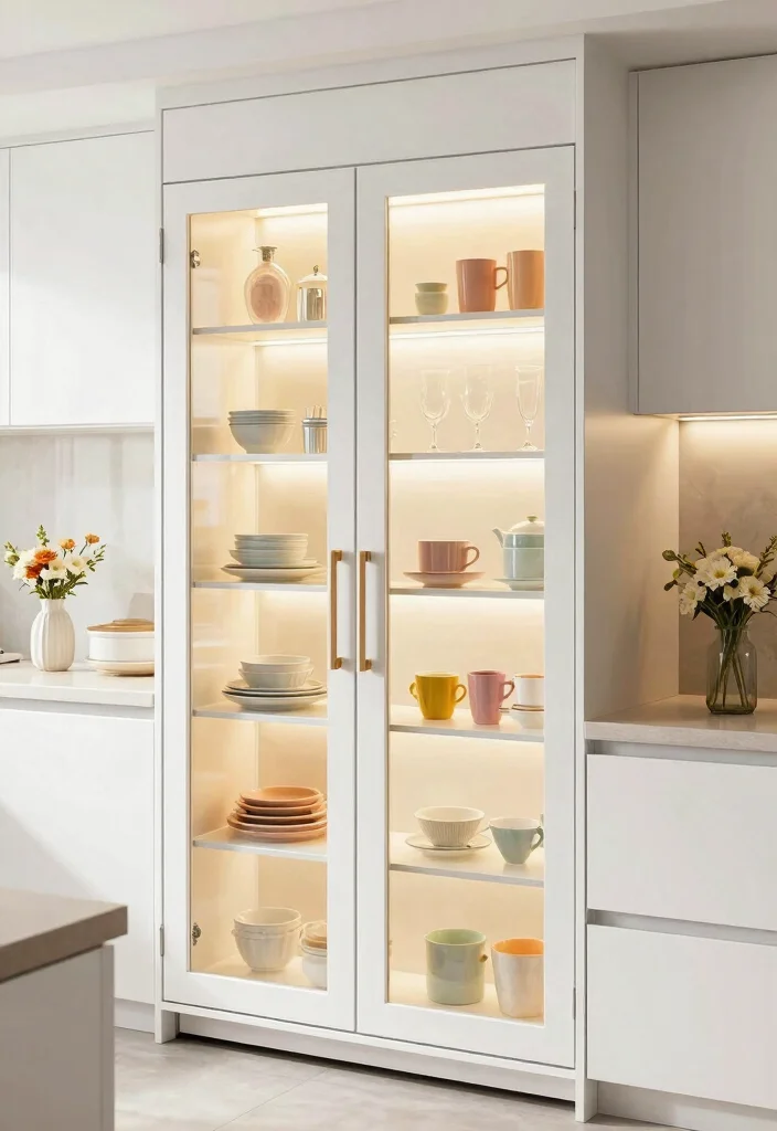17 Kitchen Refrigerator Cabinet Ideas With Seamless Look - 13. Glass Front Refrigerator Cabinets 1
