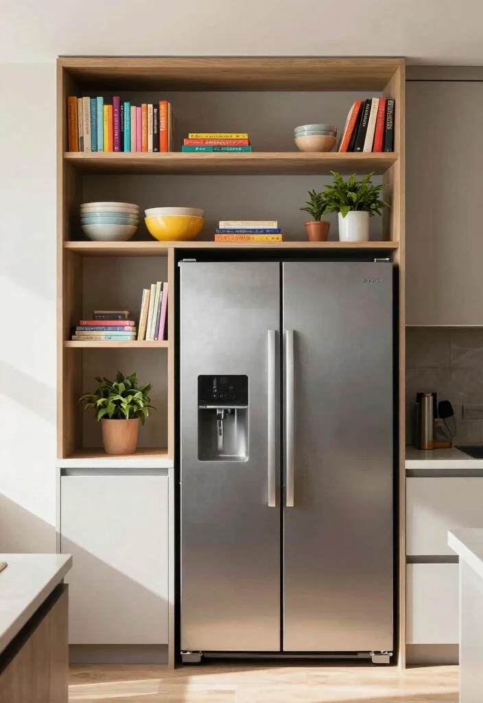 17 Kitchen Refrigerator Cabinet Ideas With Seamless Look - 3. Open Shelving Above the Fridge 1