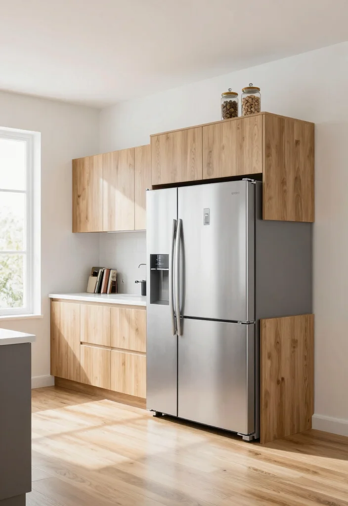 17 Kitchen Refrigerator Cabinet Ideas With Seamless Look - 9. Floating Cabinets Above the Fridge 1