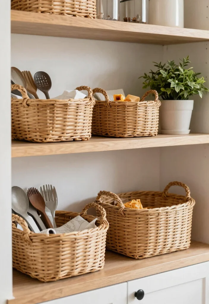 17 Kitchen Shelf Organization Ideas That Maximize Space - 4. Use Baskets for Small Items 1
