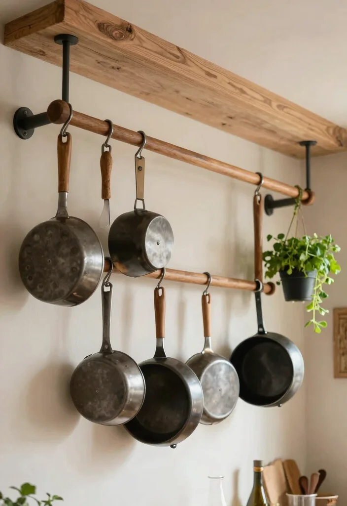 17 Kitchen Shelf Organization Ideas That Maximize Space - 5. Stylish Pot Racks for Cooking Essentials 1