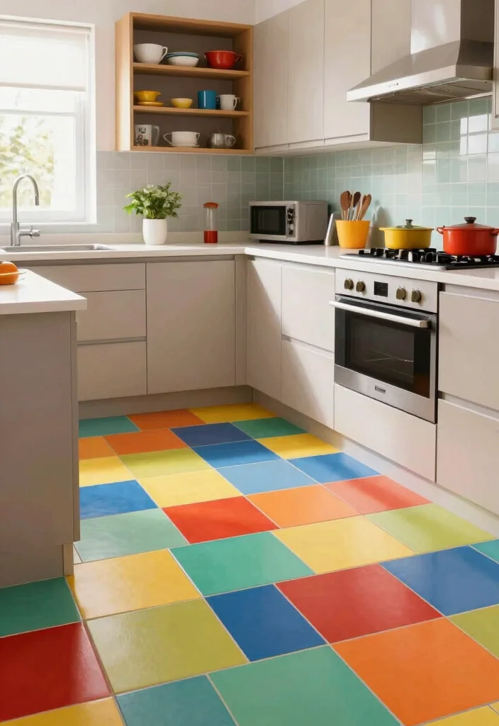 17 Luxury Vinyl Tile Kitchen Ideas With Durable Style - 13. Bright Colors for a Fun Twist 1