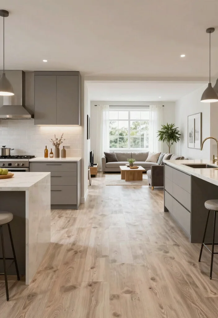 17 Luxury Vinyl Tile Kitchen Ideas With Durable Style - 15. Open Concept with Cohesive Flooring 1
