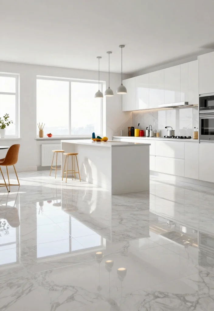 17 Luxury Vinyl Tile Kitchen Ideas With Durable Style - 8. Glossy Finish for a Modern Touch 1